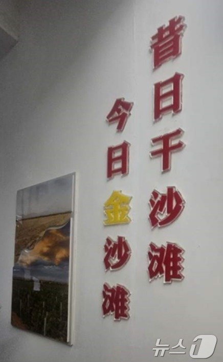 본문 이미지 - 란추이 와이너리 한 쪽 벽면에 '과거의 황무지가 오늘날 금빛 모래가 됐다'는 내용의 문구가 써있다.