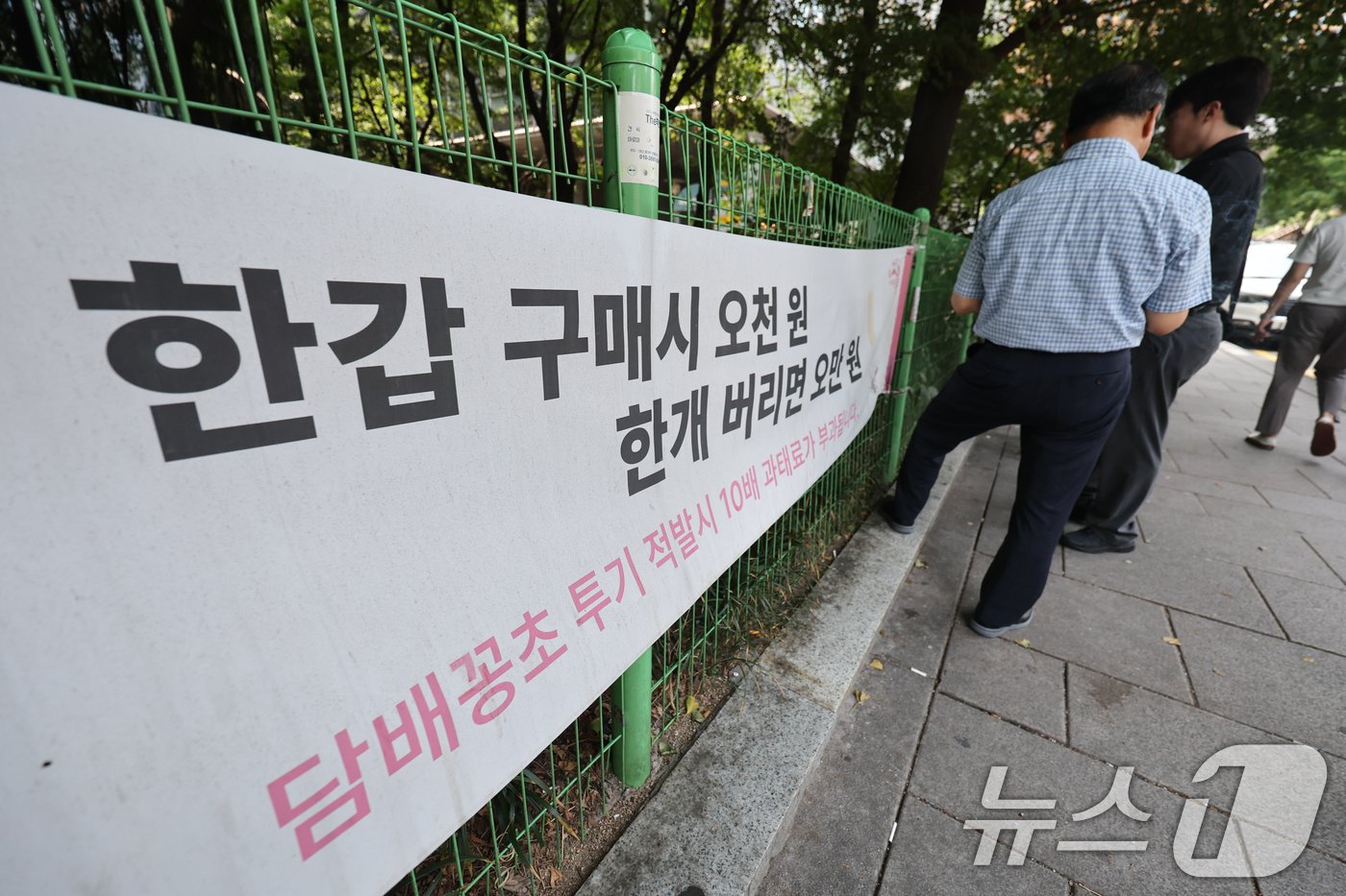 본문 이미지 - 서울 종로구가 관내 유치원(16곳), 어린이집(66곳), 초중고교(45곳) 주변 금연구역을 17일부터 확대·신설한다고 밝혔다. 이번 금연구역 지정은 국민건강증진법 개정에 따른 것이다. 유치원과 어린이집은 시설 경계선 10m에서 30m 이내로 확대하고, 초중고교는 학교 시설 경계선 30m 이내로 신설해야 한다. 구는 17일부터 확대 구역 내 흡연자 단속도 실시하고 적발 시 10만원의 과태료도 부과할 에정이다. 사진은 14일 서울 종로구 흡연구역에서 시민들이 담배를 피우는 모습. 2024.8.14/뉴스1 ⓒ News1 황기선 기자