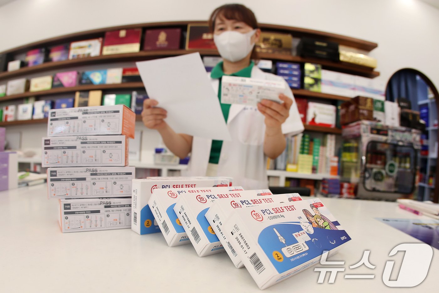 본문 이미지 - 16일 대구 중구의 한 약국에서 약사가 소량 입고된 코로나19 자가진단 키트를 확인하고 있다.  2024.8.16/뉴스1 ⓒ News1 공정식 기자