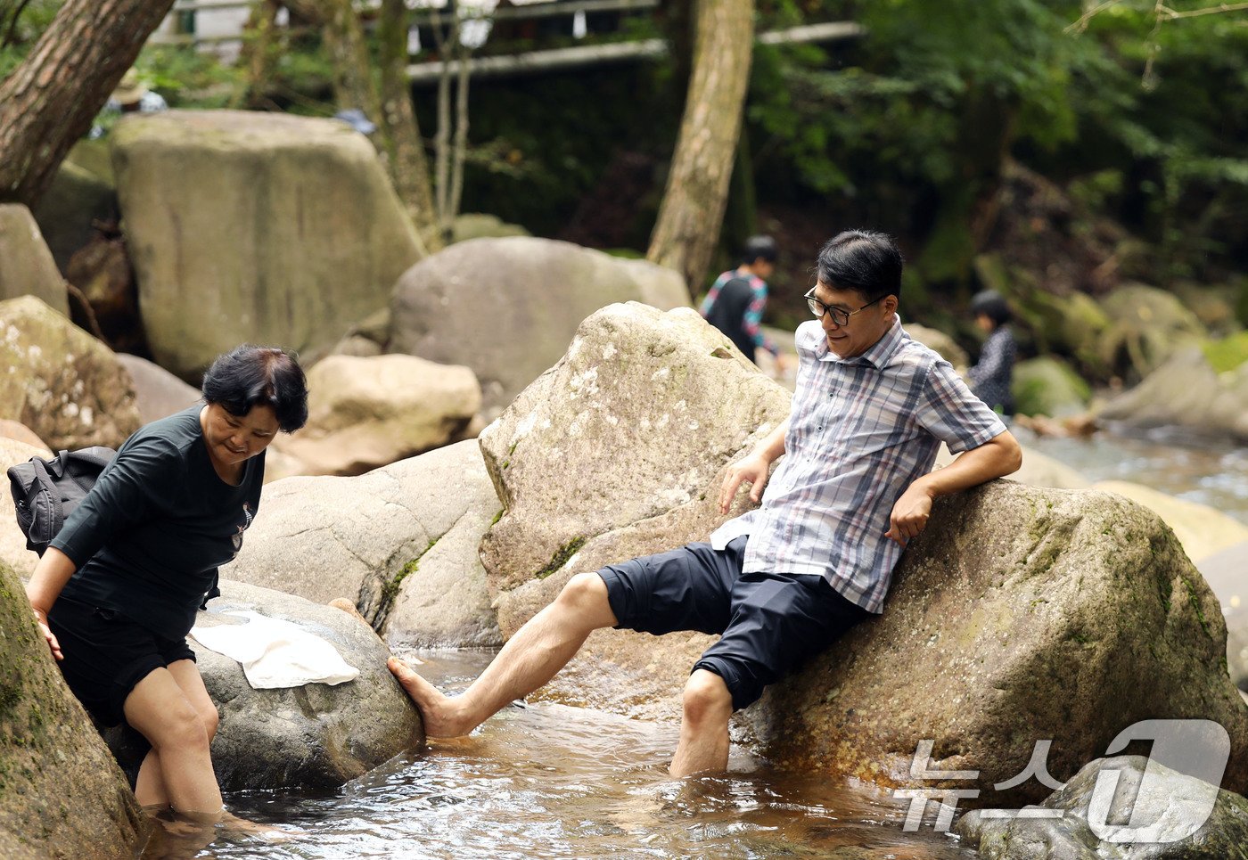 본문 이미지 - 17일 오전 광주 북구 금곡동 무등산 원효사 계곡을 찾은 피서객이 계곡 물에 발을 담그며 더위를 식히고 있다.2024.8.17/뉴스1 ⓒ News1 박지현 기자