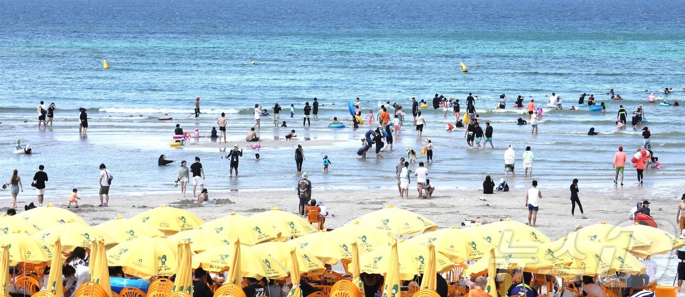 본문 이미지 - 광복절 연휴 마지막날인 18일 오후 제주시 조천읍 함덕해수욕장에서 도민과 관광객들이 물놀이하며 더위를 식히고 있다.2024.8.18./뉴스1 ⓒ News1 강승남 기자