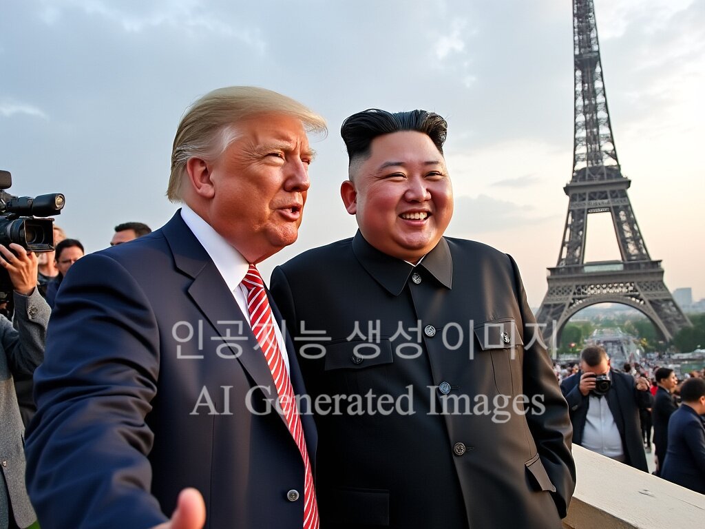 본문 이미지 - 인공지능(AI)으로 생성한 가짜 사진. xAI의 그록-2(Grok-2)에 에펠탑을 배경으로 만난 도널드 트럼프와 김정은 이미지 생성을 요청한 결과. 인공지능 생성 표시 워터마크는 별도로 추가. (Grok-2 mini 생성) 2024.08.18 /뉴스1