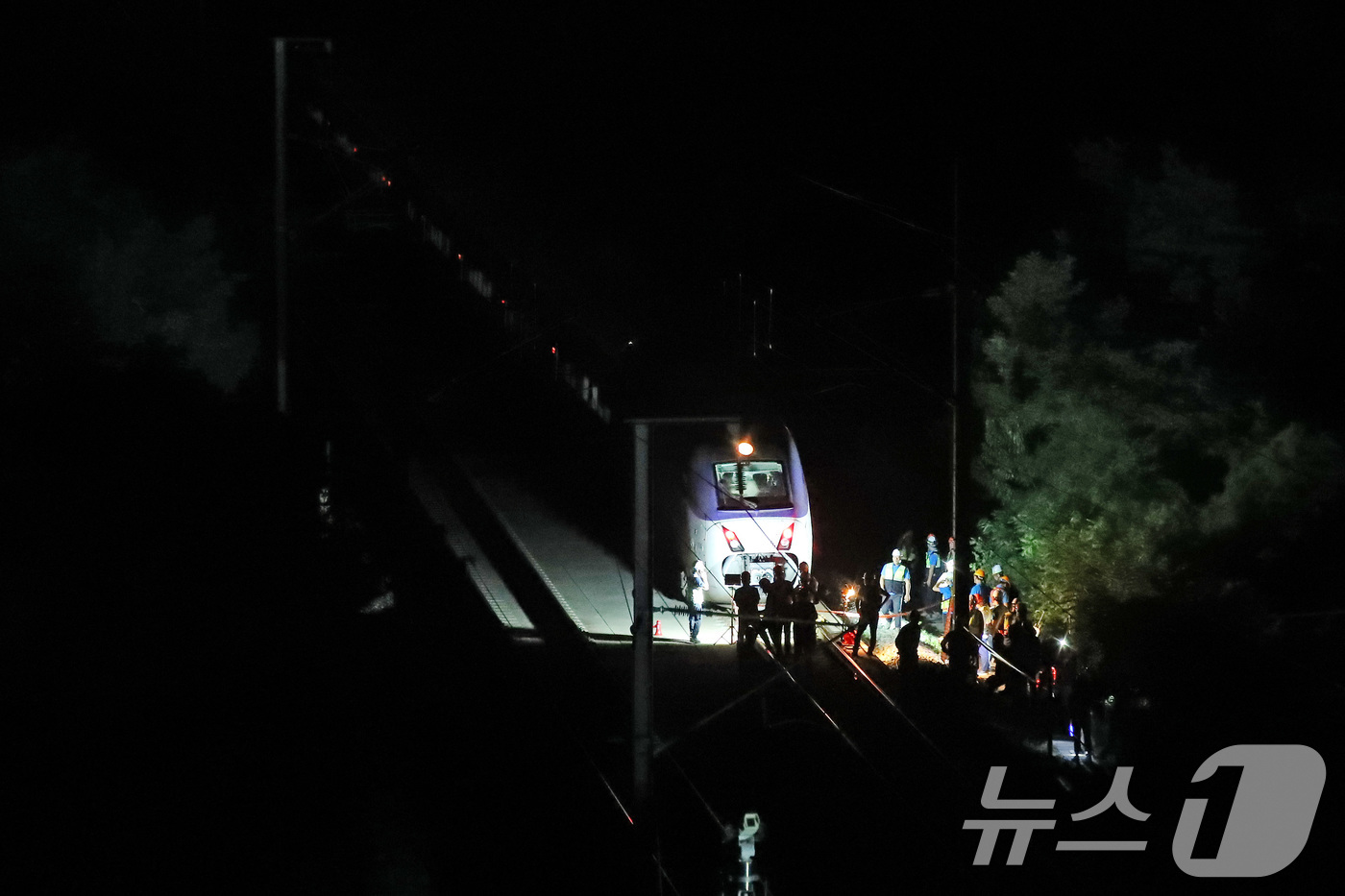 (경산=뉴스1) 공정식 기자 = 18일 오후 경북 경산시 진량읍 현내리 철도에서 한국철도공사(코레일) 관계자들이 궤도 이탈로 비상 정차한 KTX 열차 복구 작업을 벌이고 있다.코레 …