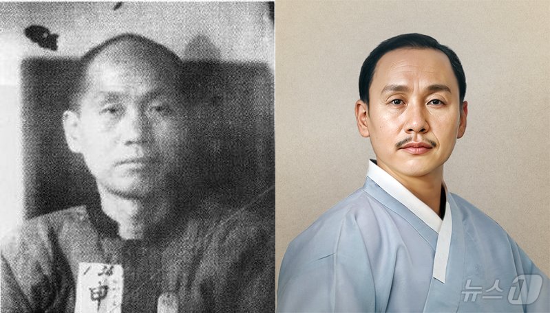본문 이미지 - 국가보훈부와 빙그레가 제79주년 광복절을 맞아 일제강점기 빛바랜 수의(囚衣)를 입고 옥중 순국한 독립유공자들에게 AI기술을 활용해 한복을 입혀드리는 '처음 입는 광복' 캠페인을 추진한다고 2일 밝혔다. 사진은 독립운동가 신채호의 원본(왼쪽)과 AI를 활용해 복원된 이미지. (국가보훈부 제공) 2024.8.2/뉴스1