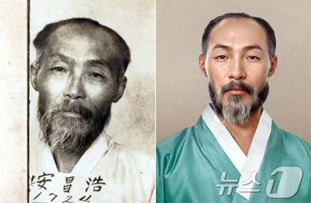 본문 이미지 - 국가보훈부와 빙그레가 제79주년 광복절을 맞아 일제강점기 빛바랜 수의(囚衣)를 입고 옥중 순국한 독립유공자들에게 AI기술을 활용해 한복을 입혀드리는 '처음 입는 광복' 캠페인을 추진한다고 2일 밝혔다. 사진은 독립운동가 안창호의 원본(왼쪽)과 AI를 활용해 복원된 이미지. (국가보훈부 제공) 2024.8.2/뉴스1