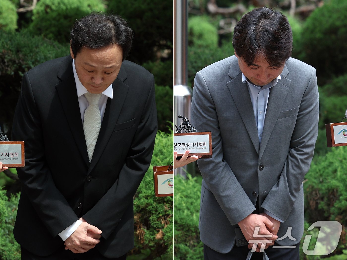 본문 이미지 - 대규모 판매 대금 미정산 사태를 야기한 류광진 티몬 대표이사(왼쪽)와 류화현 위메프 대표이사가 2일 서울 서초구 서울회생법원에서 열린 기업 회생 개시 여부를 결정하기 위한 대표자 심문에 출석하며 사과하고 있다. 2024.8.2/뉴스1 ⓒ News1 신웅수 기자