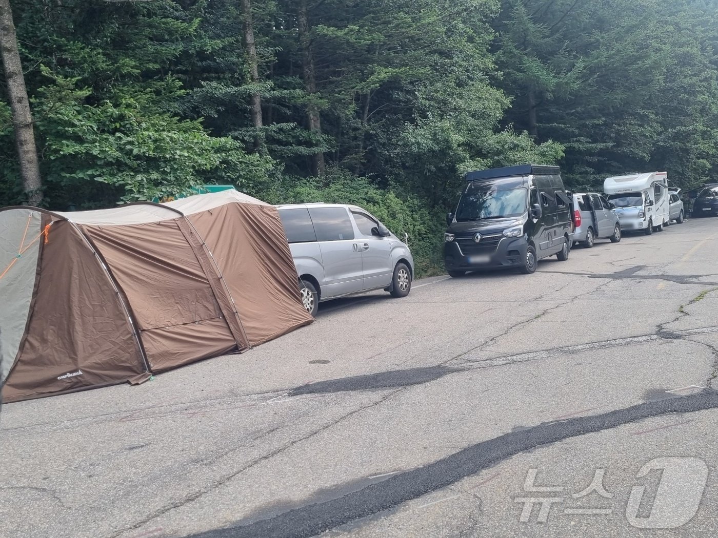 2일 오전 옛 영동고속도로 대관령마을 휴게소 인근 공터에 세워진 승합차량에 텐트가 설치돼 있다. 2024.8.2/뉴스1 윤왕근 기자