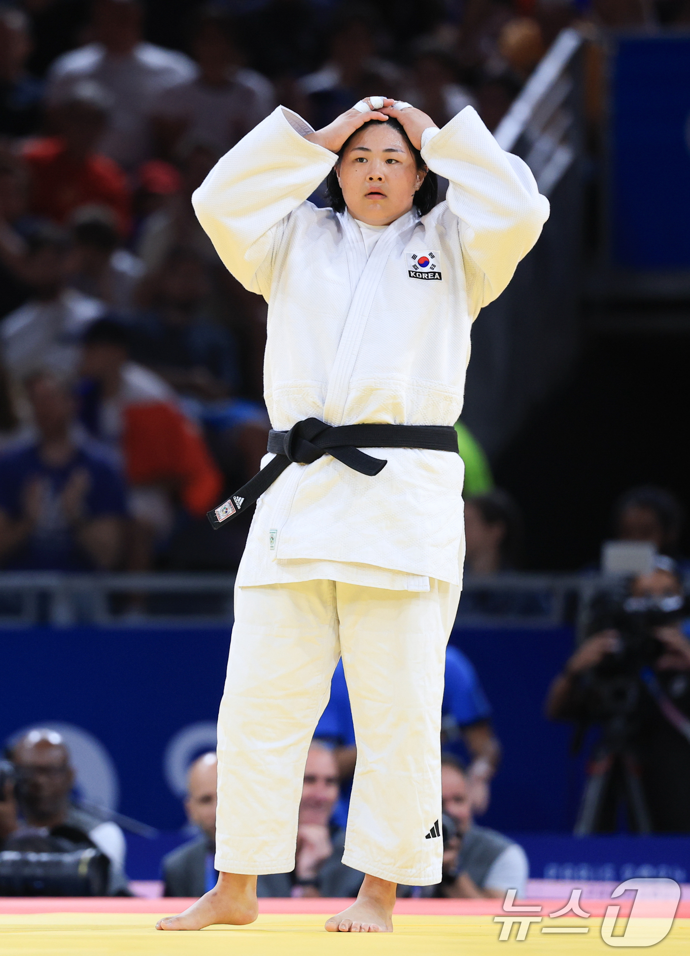 (파리(프랑스)=뉴스1) 박정호 기자 = 대한민국 유도대표팀 김하윤 선수가 2일 오후 (한국시간) 프랑스 파리 샹 드 마르스 아레나에서 진행된 파리올림픽 유도 여자 +78kg 토너 …