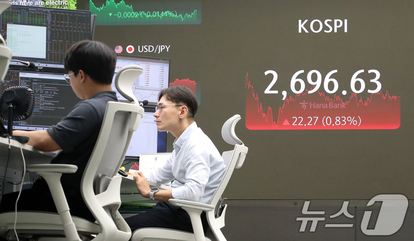 본문 이미지 - 20일 서울 중구 하나은행 본점 딜링룸 전광판2024.8.20/뉴스1 ⓒ News1 임세영 기자