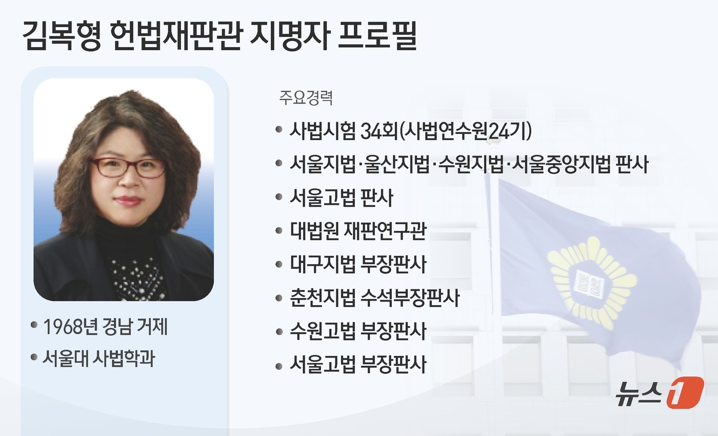 (서울=뉴스1) 윤주희 디자이너 = 조희대 대법원장이 20일 헌법재판관 후보자로 지명하기로 내정한 김복형 서울고법 부장판사(56·사법연수원 24기)는 해박한 법률지식과 탁월한 재판 …