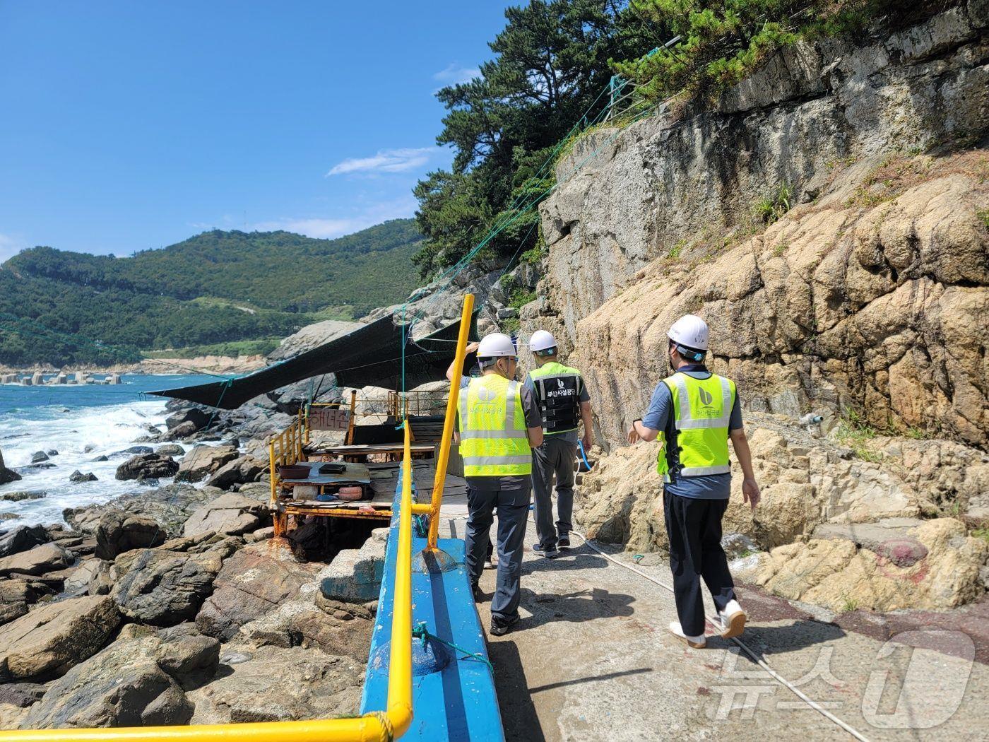 본문 이미지 - 20일 제9호 태풍 '종다리'의 피해 예방을 위해 부산시설공단 관계자들이 현장점검을 하고 있다.2024.8.20.(부산시설공단 제공)