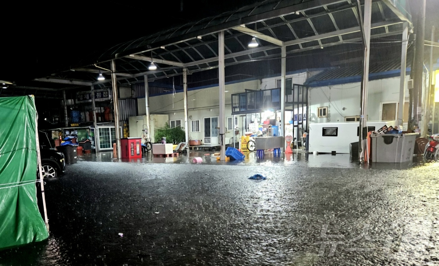 (보령=뉴스1) = 21일 오전 4시부터 5시까지 1시간 동안 9호 태풍  종다리 영향으로 오천면에 시간당 27mm 집중호우가 내리면서 백중사리 시간대 중첩으로 오천항 일대 주택이 …