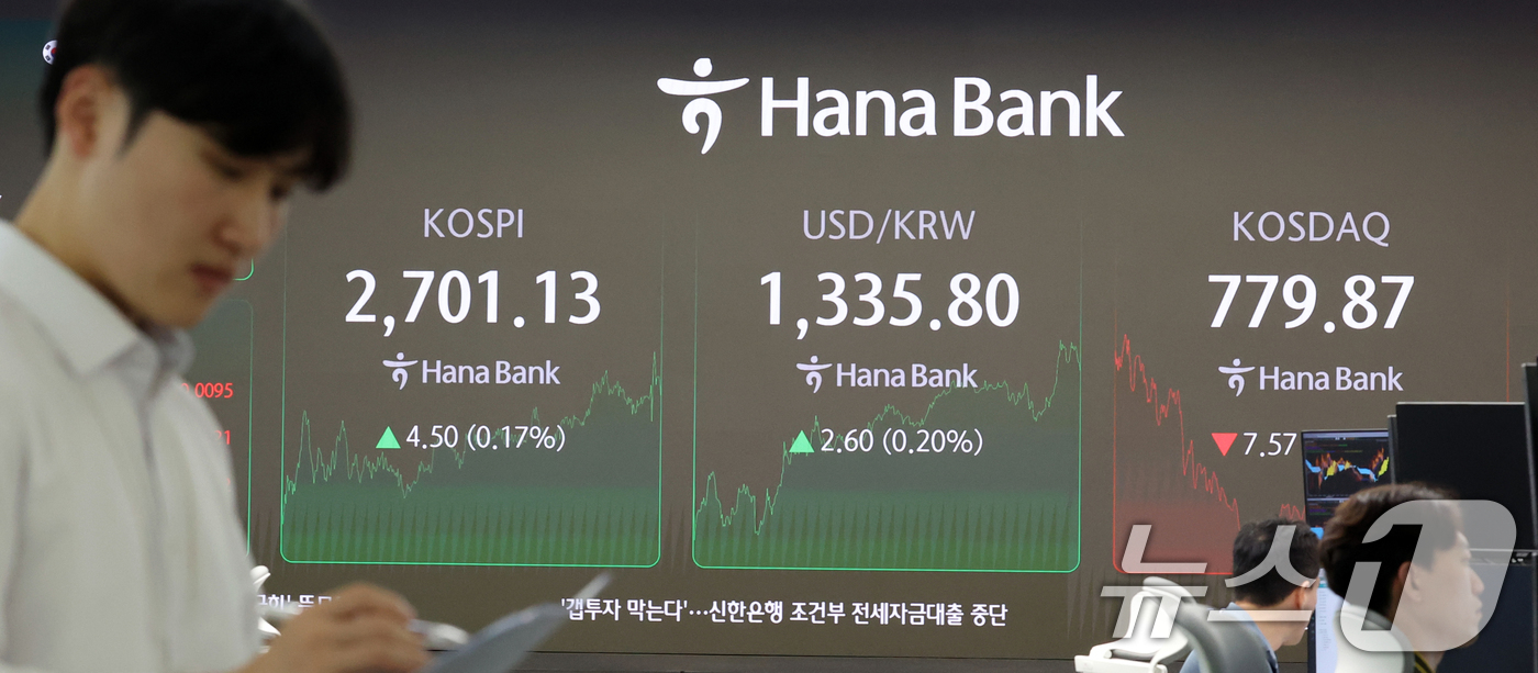 (서울=뉴스1) 김명섭 기자 = 21일 서울 중구 하나은행 본점 딜링룸 전광판에 종가가 표시되고 있다. 이날 코스피 지수는 전 거래일 대비 4,50포인트(p)(0.17%) 상승한 …