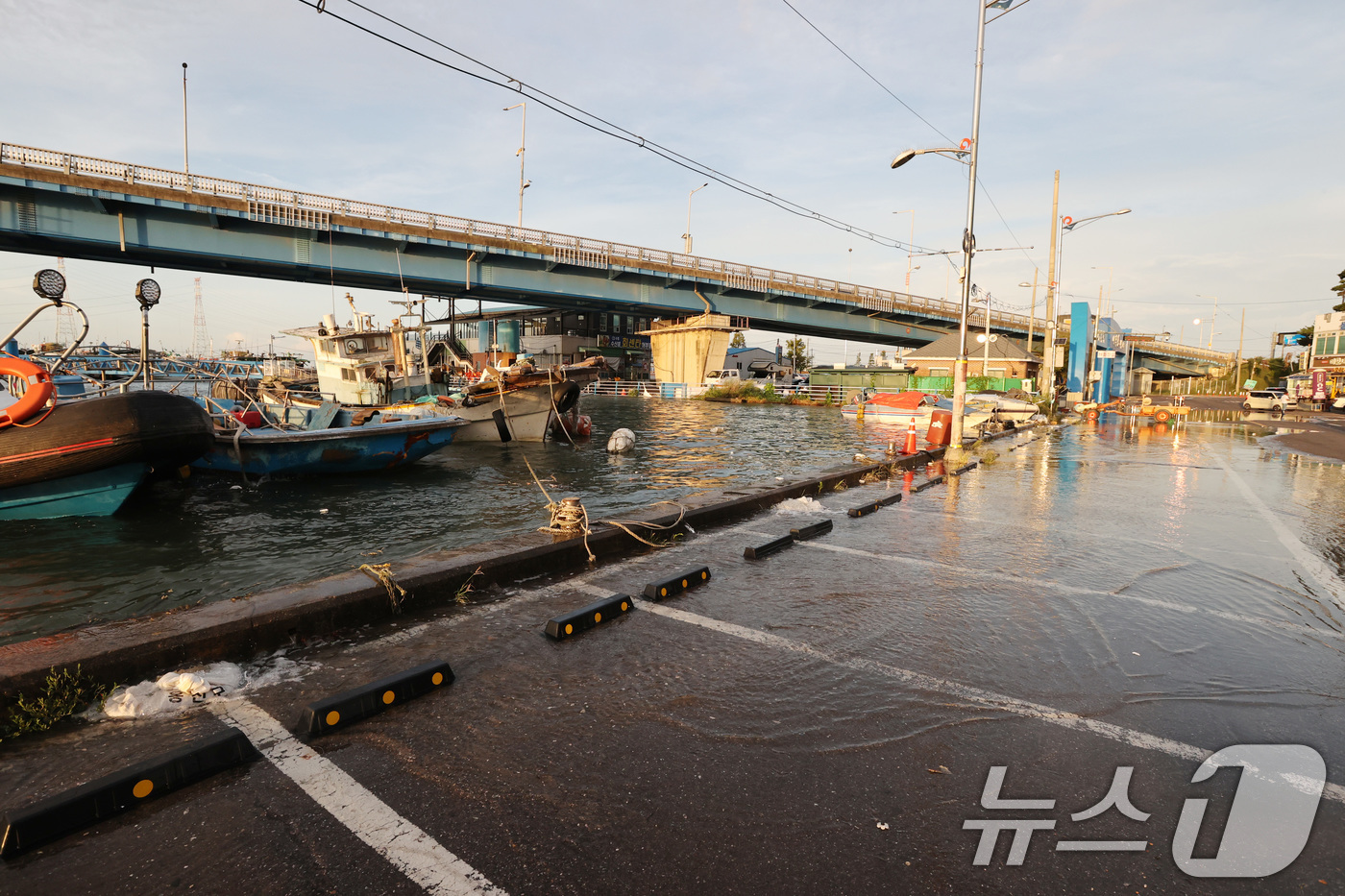(서울=뉴스1) = 대조기(백중사리)인 22일 인천광역시 옹진군 영흥면 진두항 일대가 바닷물이 도로로 넘쳐 있다. (옹진군청 제공) 2024.8.22/뉴스1