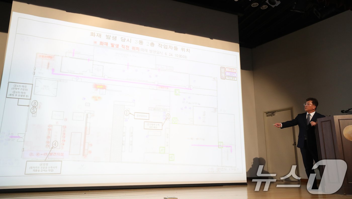 본문 이미지 - 김종민 화성 아리셀 공장 화재 사고 수사본부장이 23일 오전 경기 화성시 화성서부경찰서에서 열린 '화성 아리셀 공장 화재 사고 수사결과 브리핑'에서 수사결과 발표를 하고 있다. 2024.8.23/뉴스1 ⓒ News1 김영운 기자