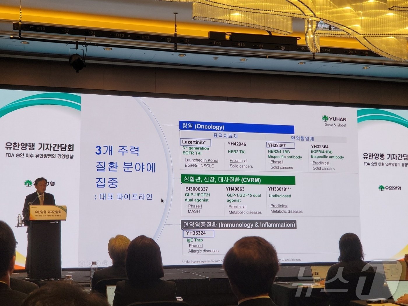 본문 이미지 - 김열홍 유한양행 R&D 부문 사장이 23일 서울 여의도 콘래드호텔에서 열린 기자간담회에서 회사가 주력하고 있는 기술개발 전략에 대해 소개하고 있다. 2024. 8. 23/뉴스1 ⓒ News1 황진중 기자