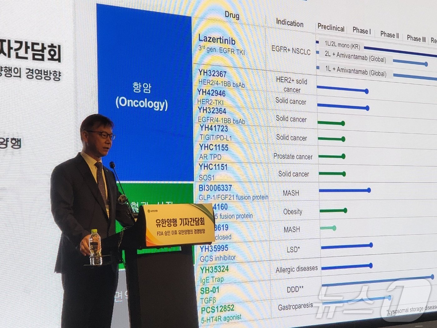 본문 이미지 - 오세웅 유한양행 중앙연구소장이 23일 서울 여의도 콘래드호텔에서 열린 기자간담회에서 주요 신약 후보물질에 대해 소개하고 있다. 2024. 8. 23/뉴스1 ⓒ News1 황진중 기자