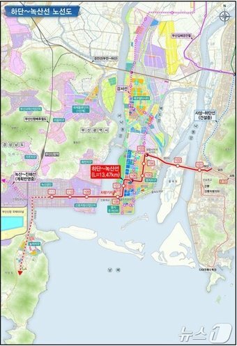 본문 이미지 - 부산 도시철도 하단~녹산선 노선 계획도(부산시청 제공)