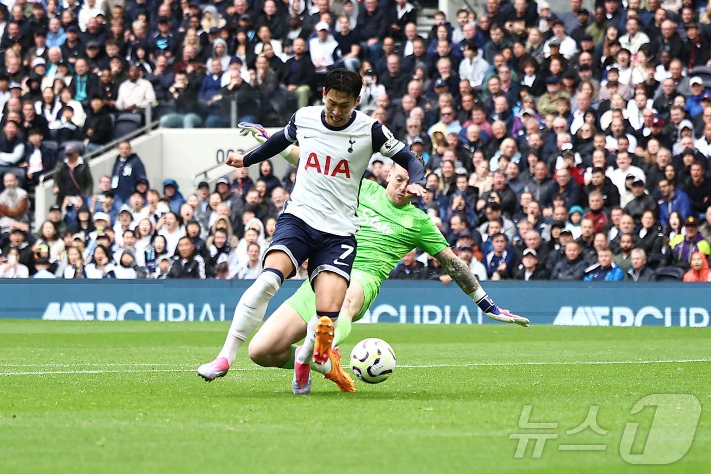 본문 이미지 - 토트넘 캡틴 손흥민이 24일 오후(한국시간) 영국 런던 토트넘 홋스퍼 스타디움에서 열린 2024-25 잉글랜드 프리미어리그(EPL) 2라운드 에버턴과의 홈 개막전에서 전반 25분 시즌 마수걸이 골을 터트리고 있다. 2024.8.24 ⓒ AFP=뉴스1