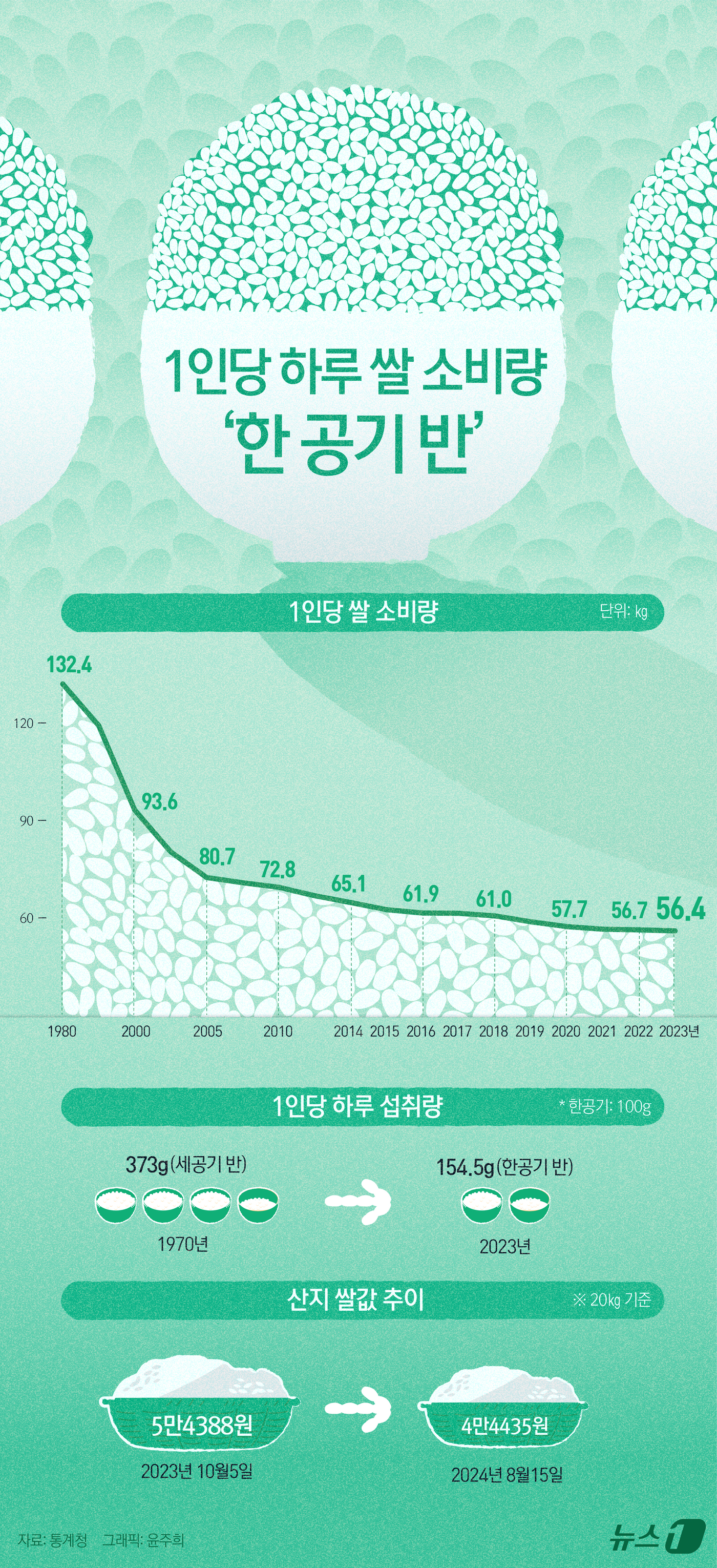 (서울=뉴스1) 윤주희 디자이너 = 국내 쌀 소비가 매년 감소하고 있는 가운데 올해 소비량은 역대 최소가 될 것이라는 전망이 나온다. 25일 통계청에 따르면 지난해 국민 1인당 …
