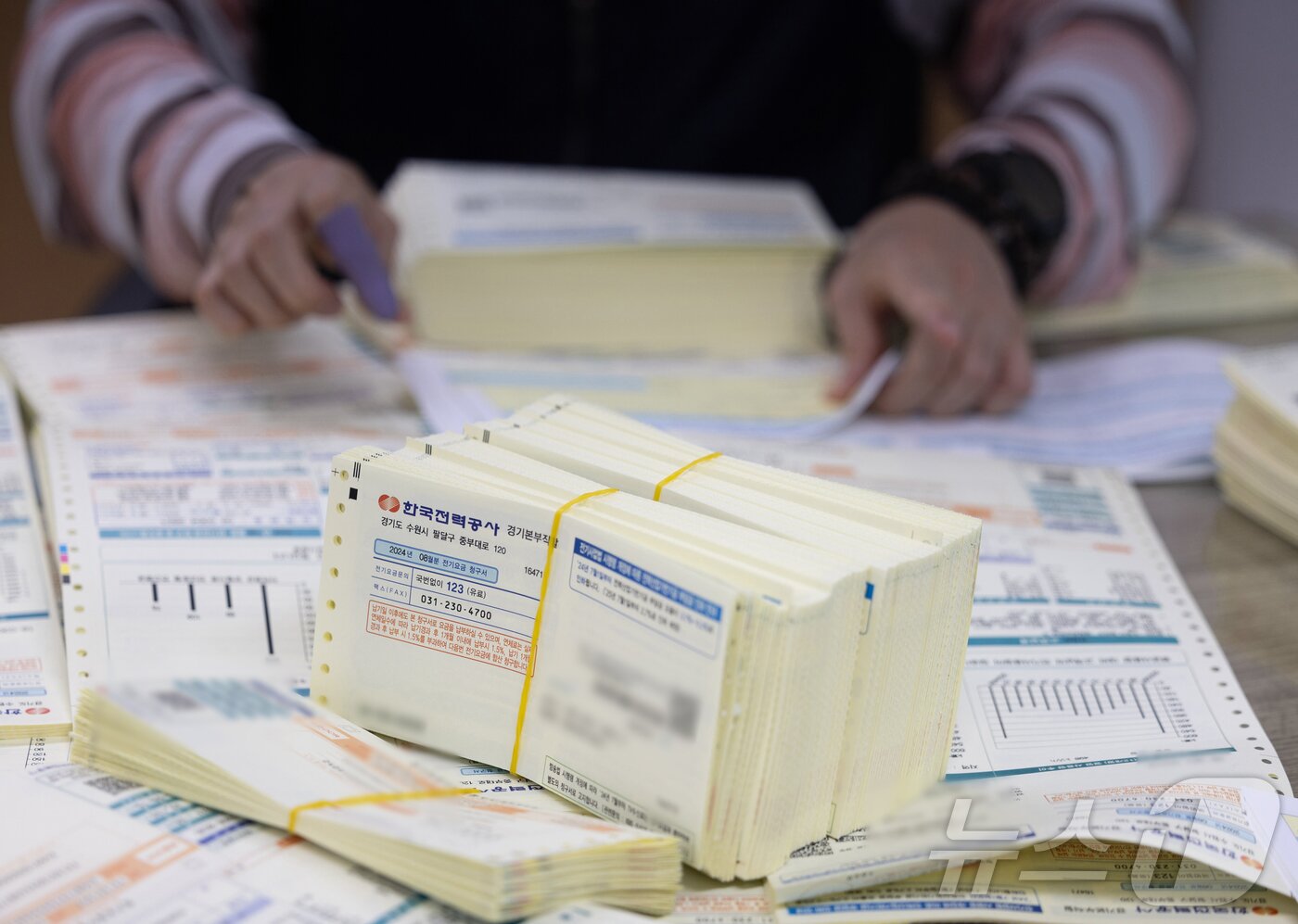 본문 이미지 - 27일 오후 경기도 수원시 팔달구 한전 협력업체에서 관계자가 8월분 전기요금 고지서 발송 작업을 하고 있다. 2024.8.27/뉴스1 ⓒ News1 이재명 기자