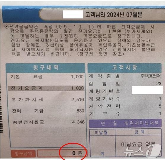 본문 이미지 - 주택태양광 설치 가구 '0'원 전기료고지서.(경기도 제공)