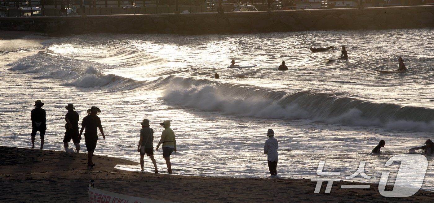 본문 이미지 - 제주시 이호해수욕장에서 도민과 관광객들이 더위를 쫓고 있다. 2024.8.28/뉴스1 ⓒ News1 오현지 기자