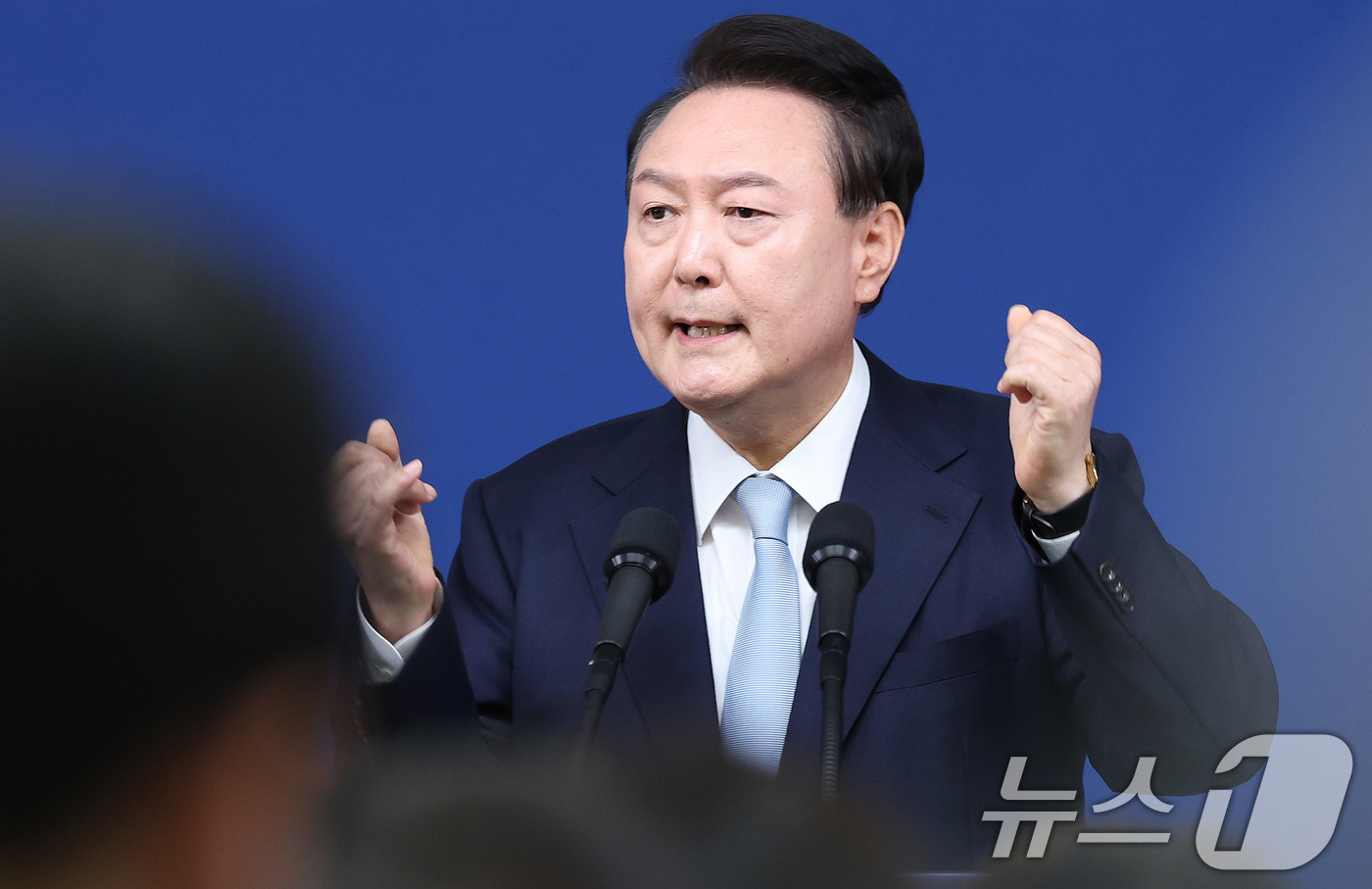 (서울=뉴스1) 박지혜 기자 = 윤석열 대통령이 29일 서울 용산 대통령실청사 브리핑룸에서 열린 국정브리핑 및 기자회견에서 취재진의 질문에 답하고 있다. 2024.8.29/뉴스1