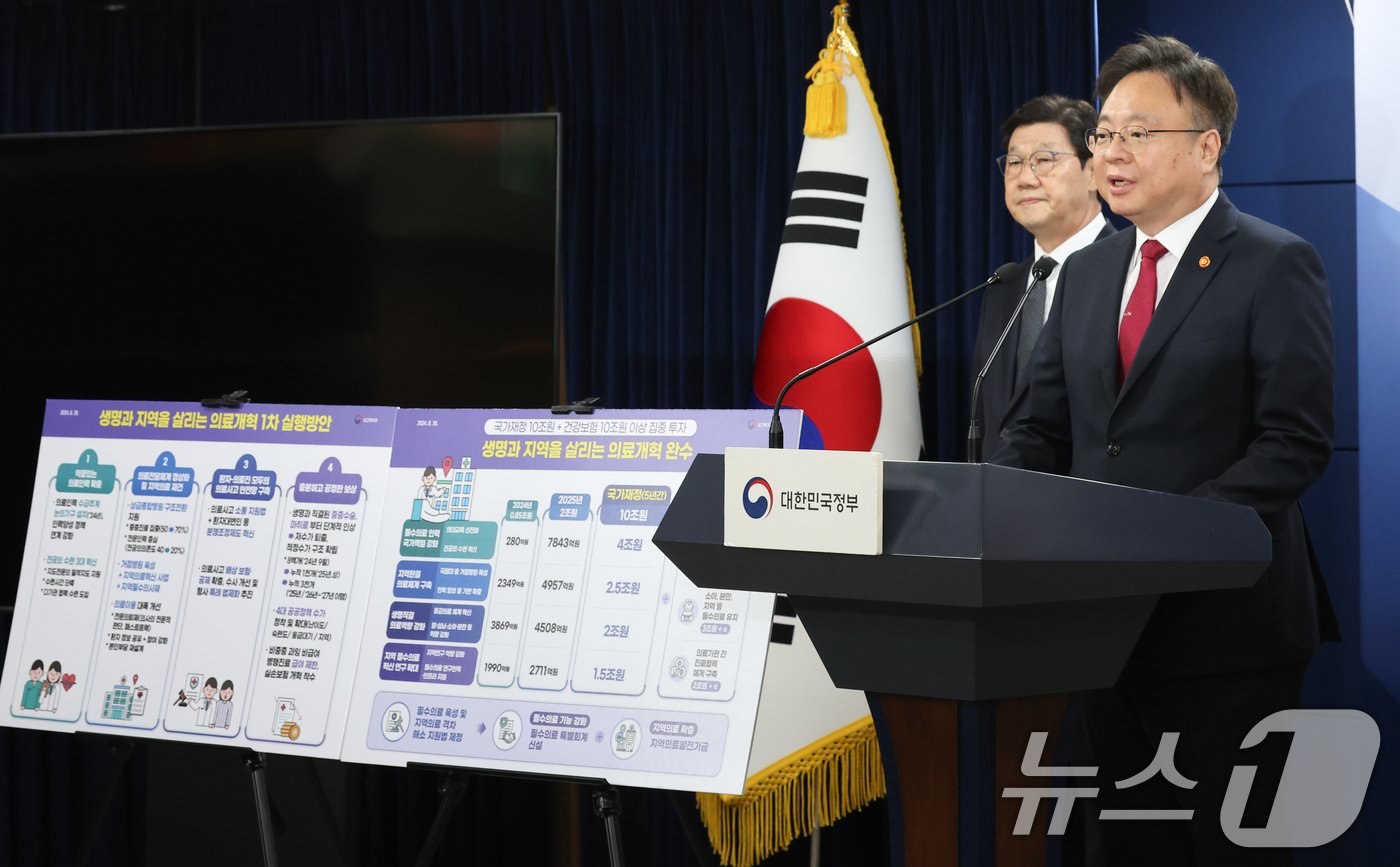 본문 이미지 - 조규홍 보건복지부 장관이 30일 서울 종로구 정부서울청사에서 열린 제6차 의료개혁특별위원회 회의 브리핑에서 의료개혁 1차 실행방안을 발표하고 있다. 2024.8.30/뉴스1 ⓒ News1 허경 기자