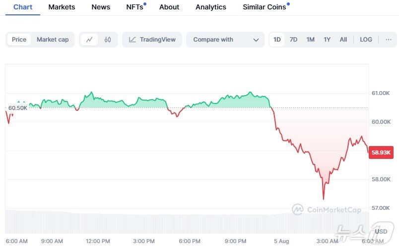 본문 이미지 - 비트코인 일일 가격추이. 새벽 3시를 전후로 급락하고 있다. - 코이남켓캡 갈무리