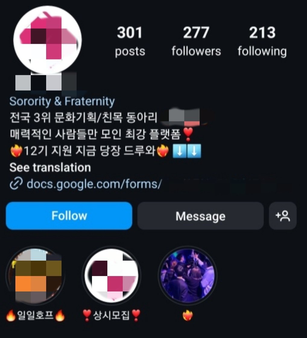 본문 이미지 - 5일 오전 9시26분 기준 해당 대학생 연합동아리 공식 인스타그램 화면 갈무리