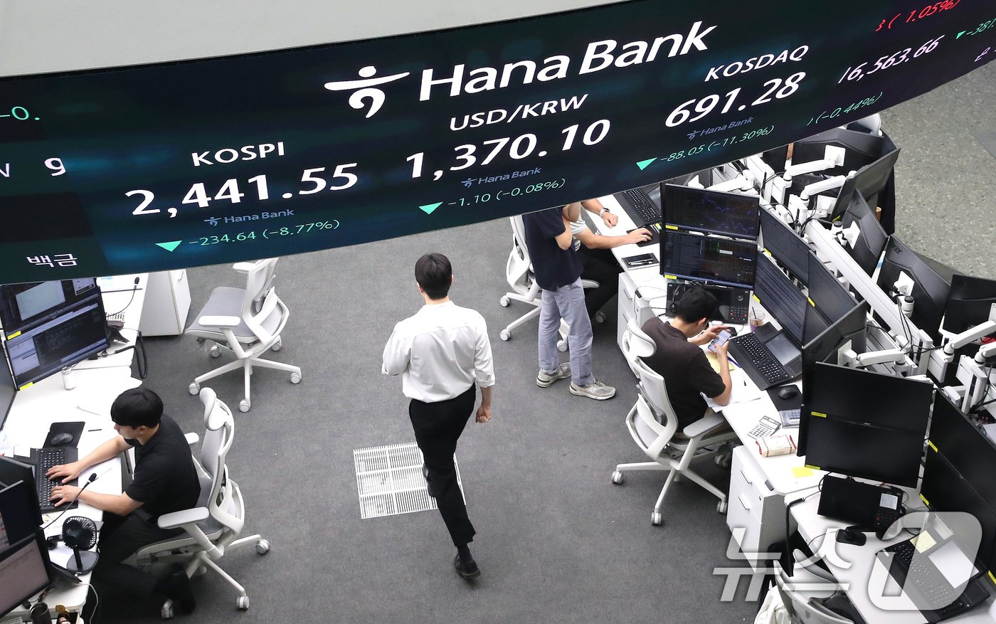 본문 이미지 - 미국발 경기 침체 공포에 국내 양대 지수가 나란히 8% 이상 급락하면서 코스닥 시장과 코스닥 시장에 동반 서킷브레이커(CB) 1단계가 발동된 5일 오후 서울 중구 하나은행 본점 딜링룸 전광판에 종가가 표시되고 있다. 이날 코스피 지수는 전 거래일 대비 234.64포인트(8.77%) 내린 2,441.55, 코스닥 지수는 88.05포인트(11.30%) 내린 691.28에 장을 마감했다. 2024.8.5/뉴스1 ⓒ News1 임세영 기자