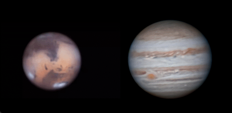 본문 이미지 - 태양계에서 가장 큰 행성인 목성과 지구와 비슷한 환경을 가진 화성은 15일 새벽 2시쯤 달 지름의 2/3 정도까지 가까워진다. 왼족부터 화성, 목성.(고구려천문과학관 제공)2024.8.5/뉴스1 