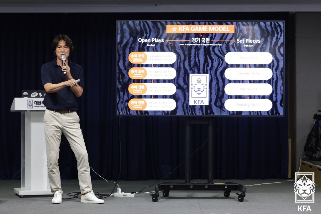 본문 이미지 - 홍명보 대한민국 축구대표팀 감독이 6일 서울 종로구 대한축구협회에서 열린 한국축구기술철학(MIK) 워크숍에서 발표하고 있다. (대한축구협회 제공) 2024.8.6/뉴스1