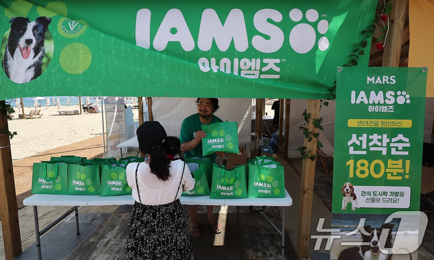 심용희 한국마즈 수의사가 6일 오후 강원 양양군 현남면 인구 해수욕장에서 열린 &#39;2024 뉴스1 썸머 브랜드 페스타&#39;에 참가한 반려견 보호자에게 아이엠즈 사료 간식 도시락 가방을 선물하고 있다. 2024.8.6/뉴스1 ⓒ News1 김진환 기자