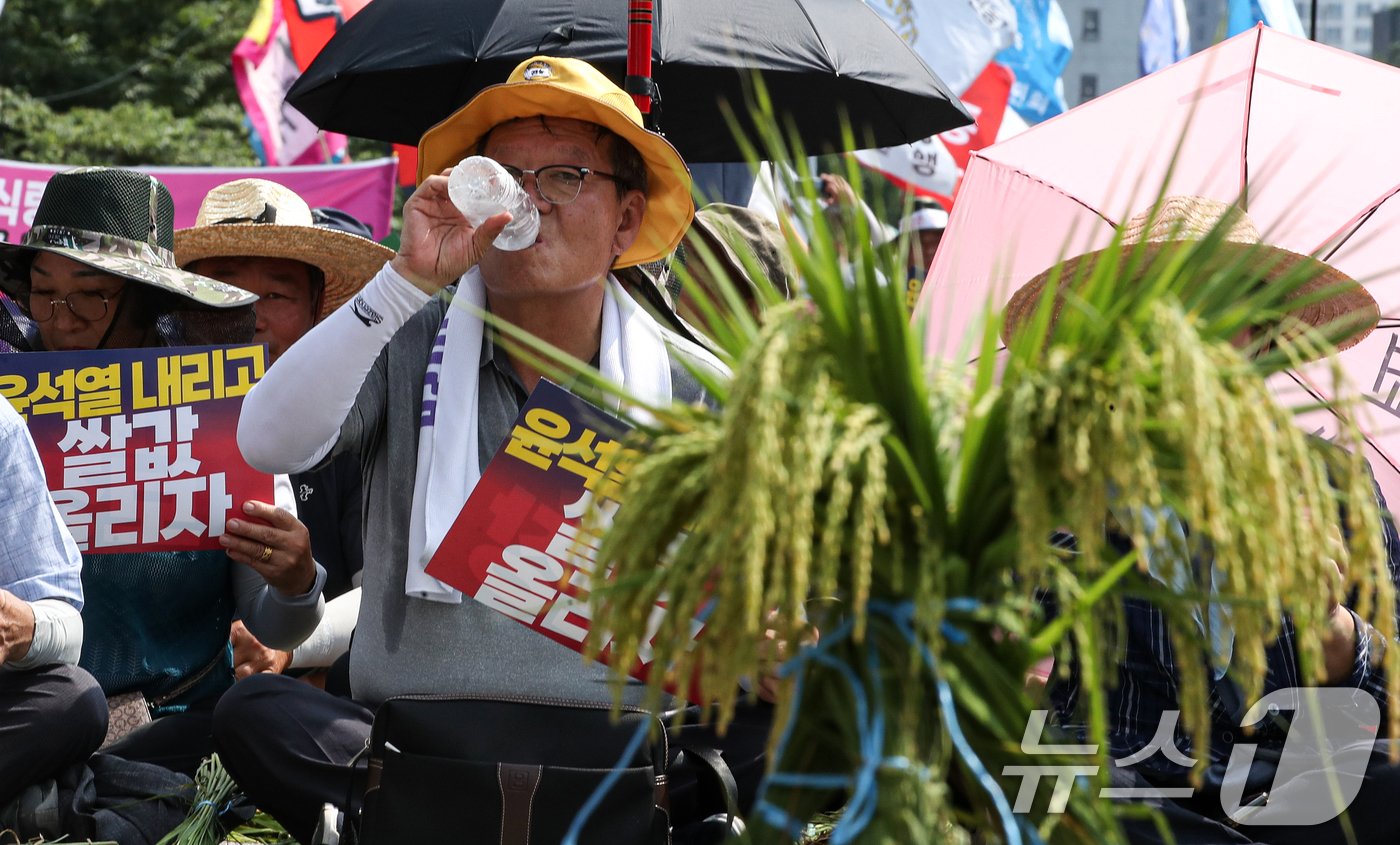 본문 이미지 - 전국농민회총연맹 구성원들이 6일 오후 서울 용산구 서울역 인근에서 열린 쌀값보장 농민대회에서 쌀값 대폭락을 규탄하고 농민생존권 보장을 촉구하고 있다. 2024.8.6/뉴스1 ⓒ News1 이승배 기자