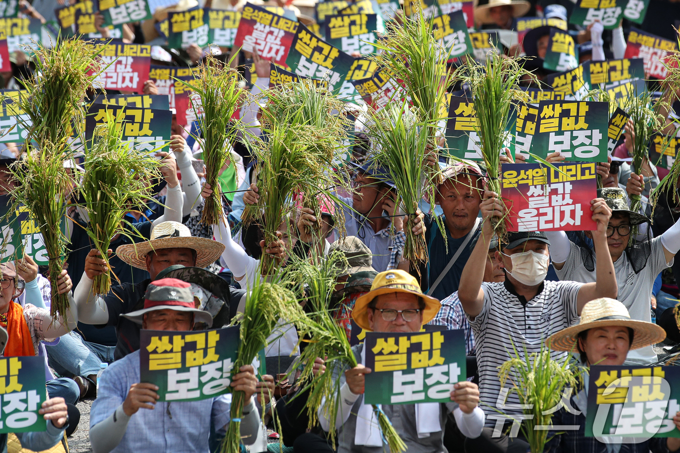 (서울=뉴스1) 이승배 기자 = 전국농민회총연맹 구성원들이 6일 오후 서울 용산구 서울역 인근에서 열린 쌀값보장 농민대회에서 쌀값 대폭락을 규탄하고 농민생존권 보장을 촉구하고 있다 …