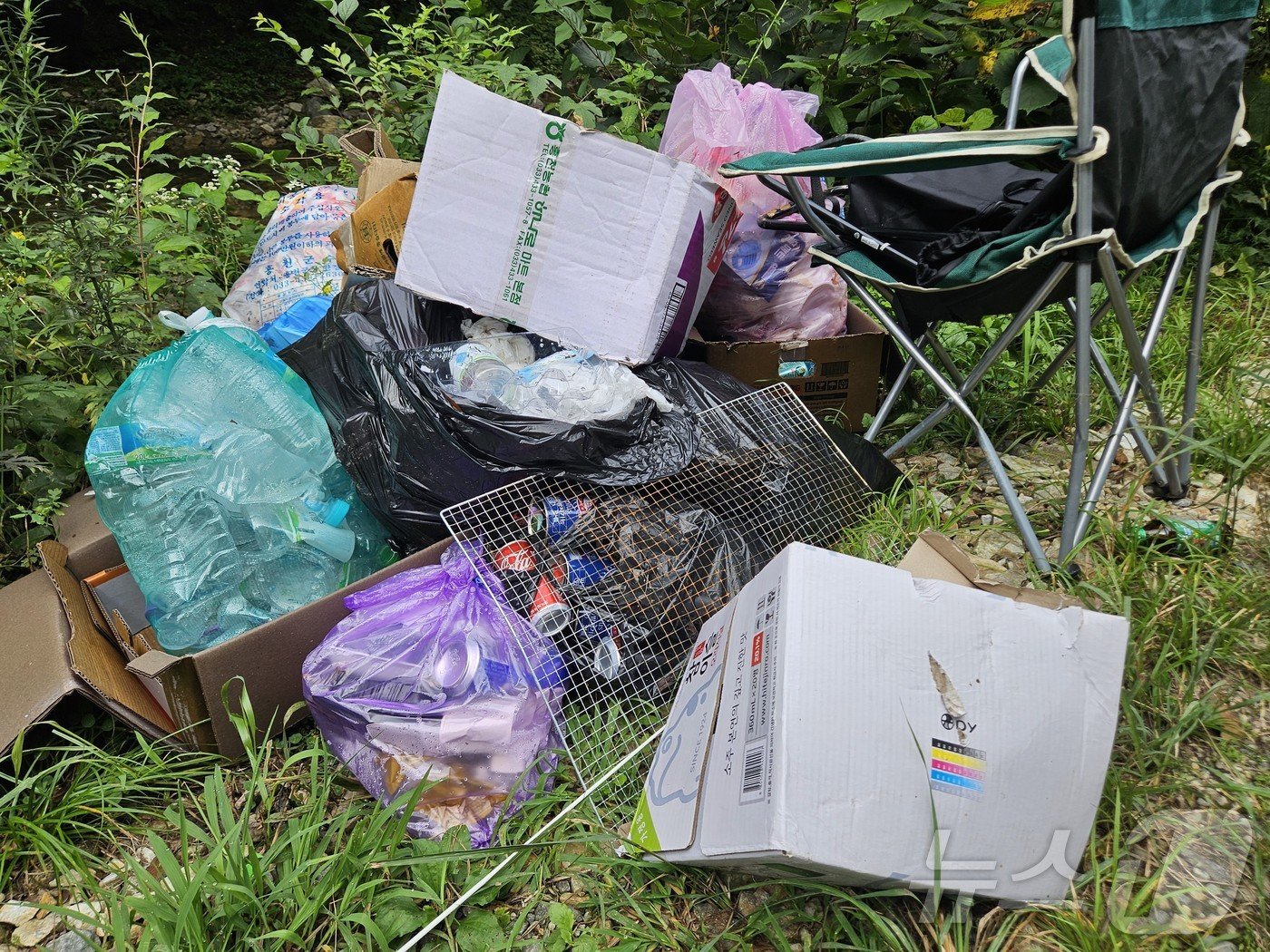 본문 이미지 - 7일 강원 홍천 북방면 도사곡리의 한 산간 계곡 한쪽에 피서객들이 버린 것으로 추정되는 쓰레기가 놓여져 있다.2024.8.7 한귀섭 기자