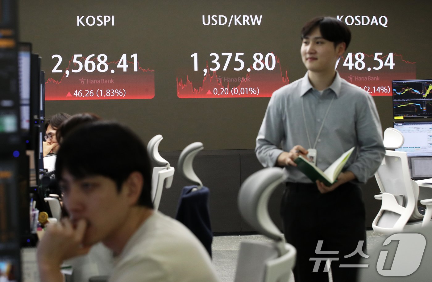 본문 이미지 - 지난 7일 오후 서울 중구 하나은행 본점 딜링룸 전광판에 종가가 표시되고 있다.ⓒ News1 오대일 기자