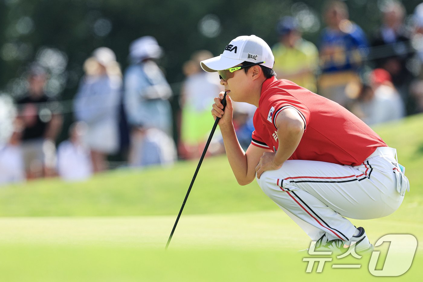 본문 이미지 - 대한민국 골프 대표팀 김효주가 7일 오후(한국시간) 프랑스 기앙쿠르에 위치한 르 골프 내셔널에서 열린 2024 파리올림픽 여자 골프 1라운드 3번홀에서 퍼팅라인을 살펴보고 있다. 2024.8.7/뉴스1 ⓒ News1 박정호 기자