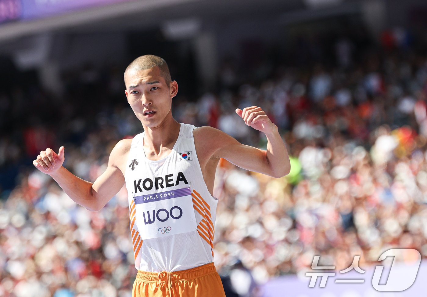 대한민국 대표팀 우상혁이 7일&#40;한국시간&#41; 프랑스 파리 스타드 드 프랑스에서 열린 2024 파리 올림픽 남자 육상 높이뛰기 예선에서 2.27m 1차 시를 준비하고 있다. 2024.8.7/뉴스1 ⓒ News1 이동해 기자