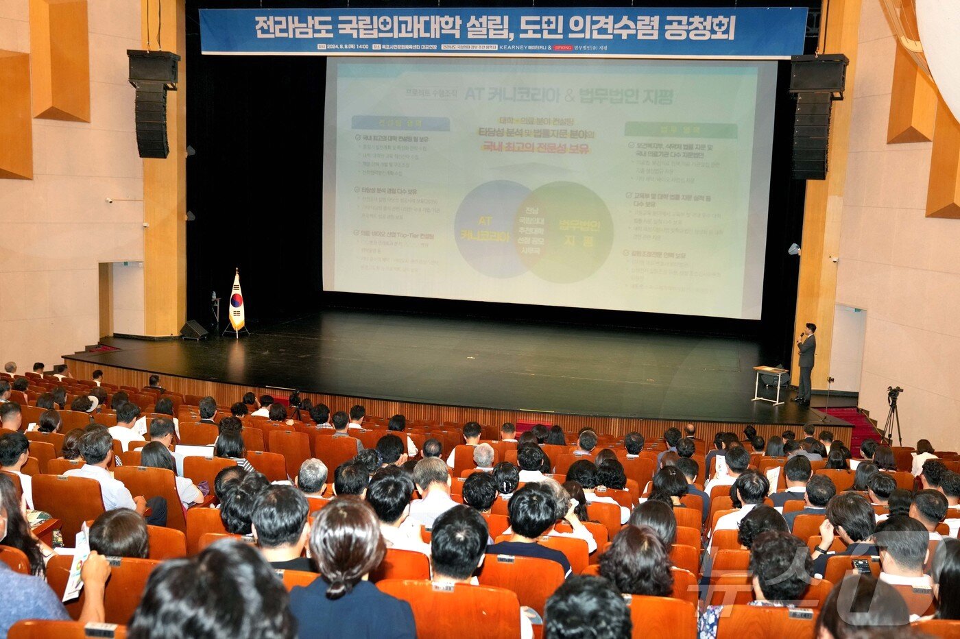 본문 이미지 - 전라남도 국립의대 신설 정부추천용역 추진사 관계자가 목포시민문화체육센터에서 국립의대 설립방식(안) 추진상황 설명 등 ‘전남 국립의대 설립방식 선정을 위한 1차 도민 공청회’를 진행하고 있다.(전남도 제공) 2024.8.8/뉴스1 ⓒ News1 전원 기자