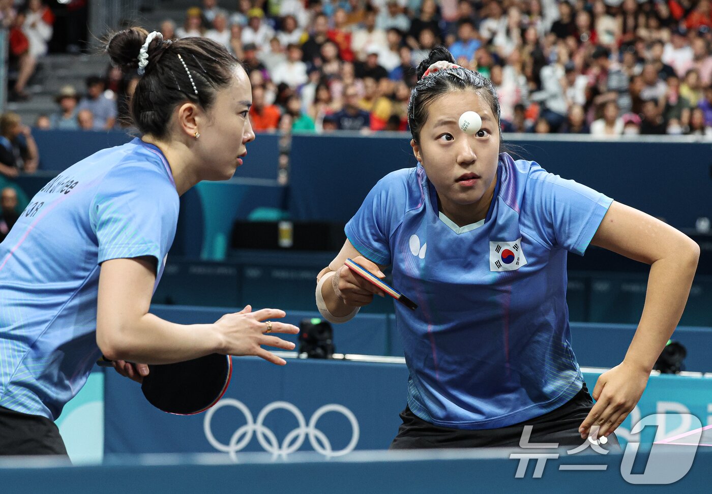 본문 이미지 - 탁구 여자 단체팀의 전지희(왼쪽)와 신유빈 2024.8.8/뉴스1 ⓒ News1 이동해 기자