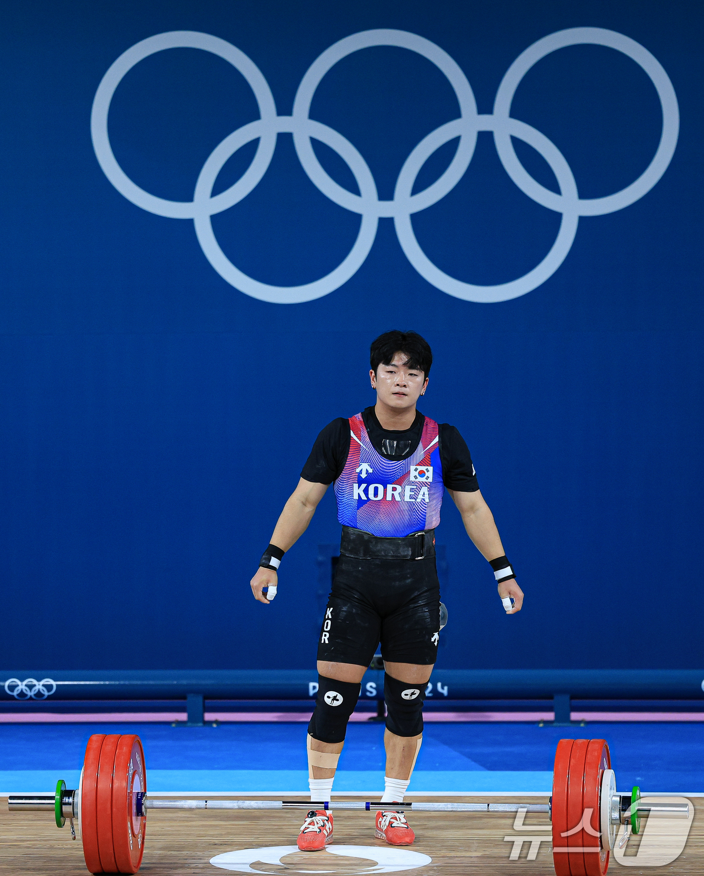 (파리(프랑스)=뉴스1) 박정호 기자 = 대한민국 역도 국가대표팀 박주효 선수가 9일 오전(한국시간) 프랑스 파리 사우스 파리 아레나 6에서 진행된 2024 파리올림픽 역도 남자 …