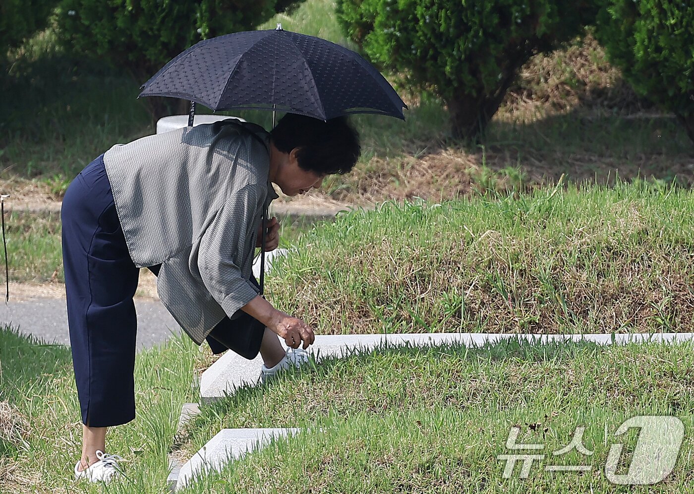 본문 이미지 - 추석 명절을 2주 가량 앞둔 1일 인천 부평구 인천가족공원을 찾은 한 성묘객이 벌초를 하고 있다. 2024.9.1/뉴스1 ⓒ News1 김진환 기자