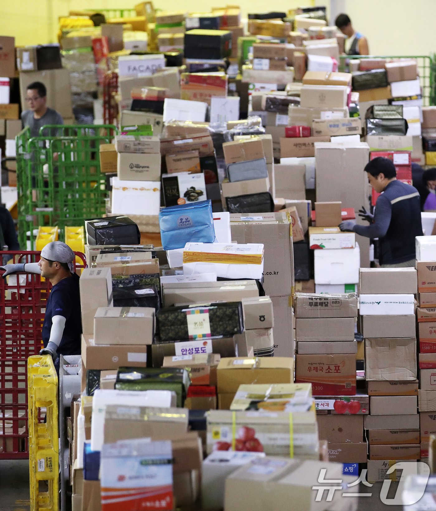 본문 이미지 - 추석 명절을 앞둔 10일 오전 서울 광진구 동서울우편물류센터에서 직원들이 택배 분류 작업으로 구슬땀을 흘리고 있다. 2024.9.10/뉴스1 ⓒ News1 오대일 기자