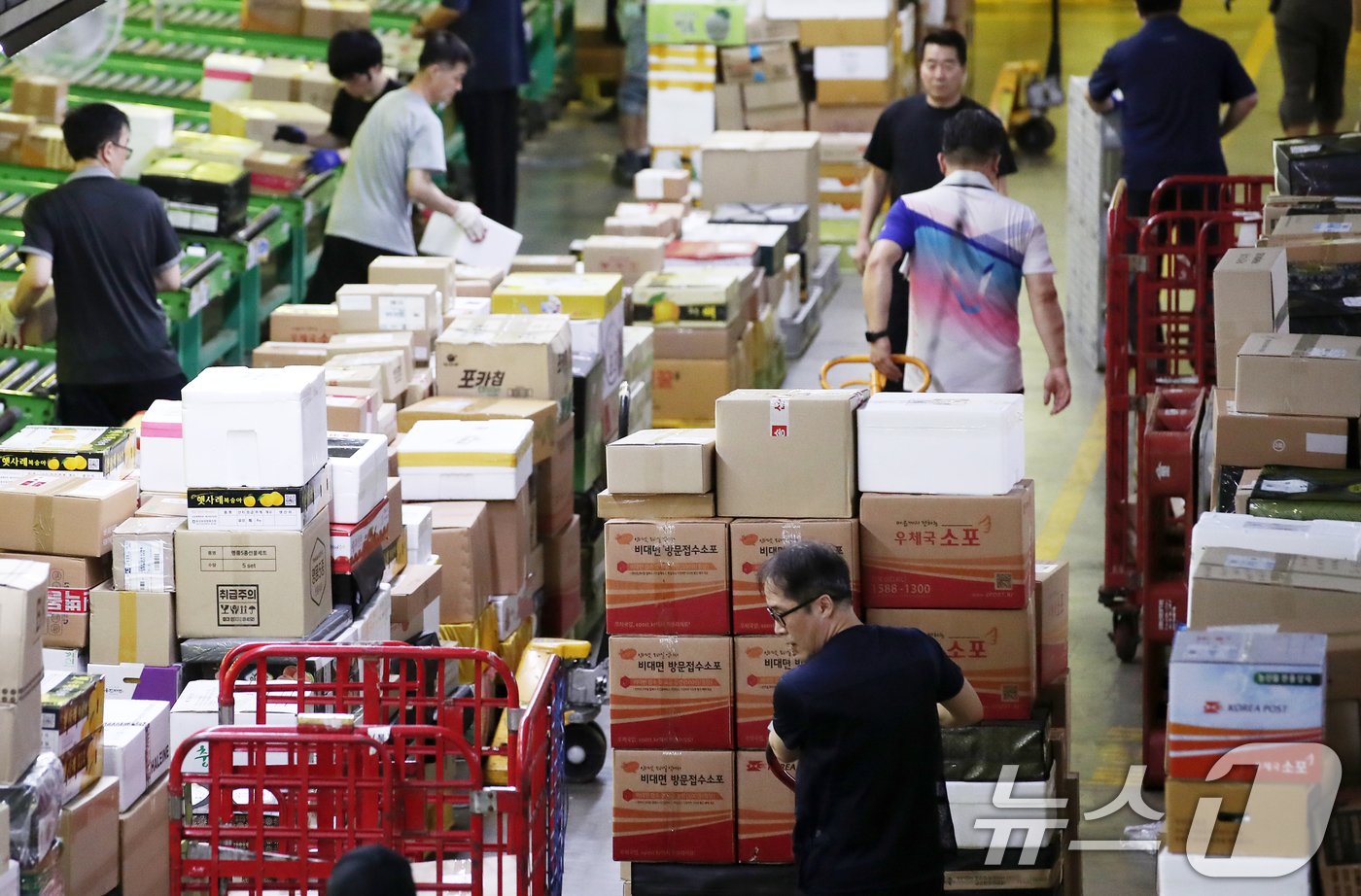 본문 이미지 - 추석 명절을 앞둔 10일 오전 서울 광진구 동서울우편물류센터에서 직원들이 택배 분류 작업으로 구슬땀을 흘리고 있다. 2024.9.10/뉴스1 ⓒ News1 오대일 기자