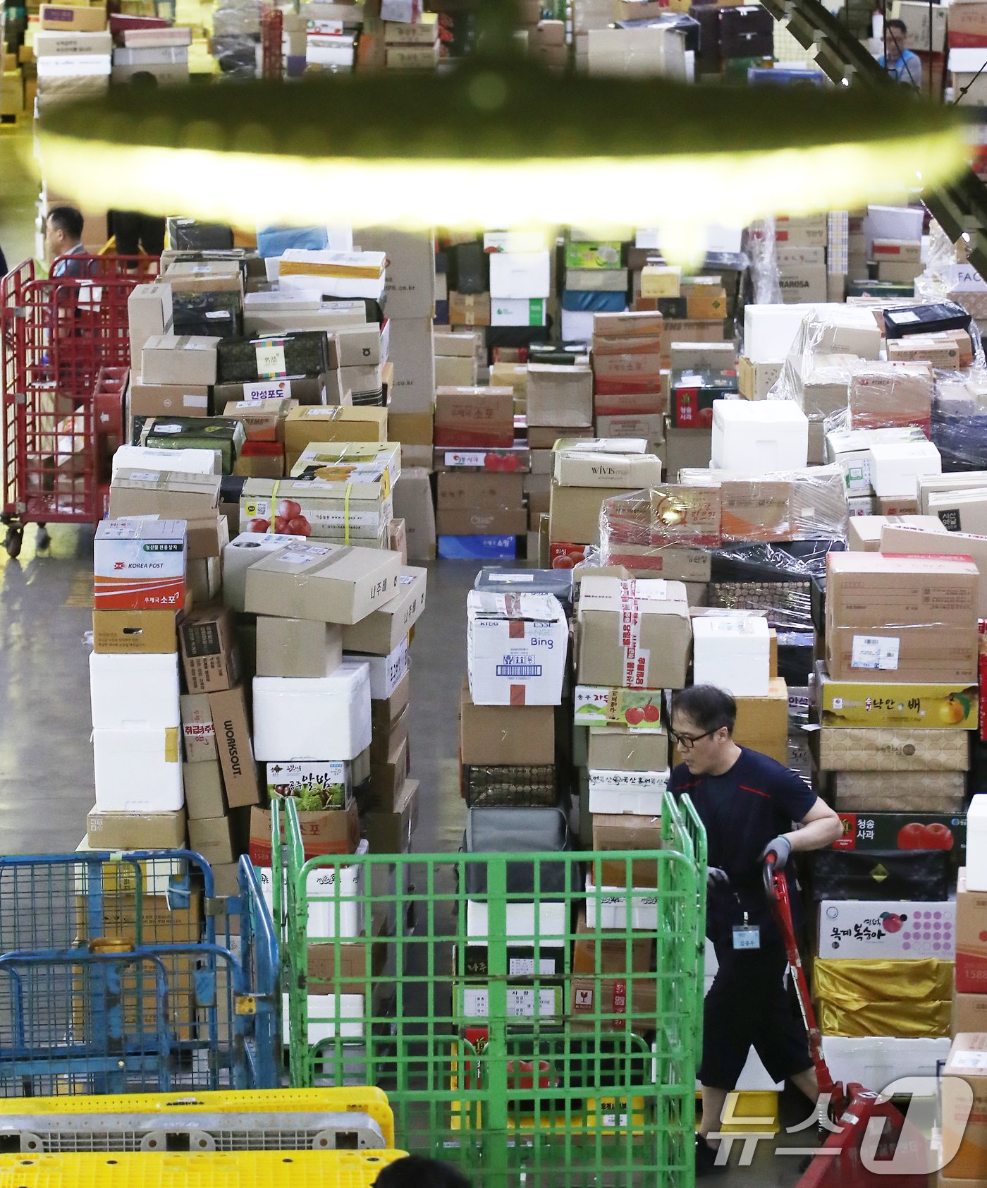 본문 이미지 - 추석 명절을 앞둔 10일 오전 서울 광진구 동서울우편물류센터에서 직원들이 택배 분류 작업으로 구슬땀을 흘리고 있다. 2024.9.10/뉴스1 ⓒ News1 오대일 기자