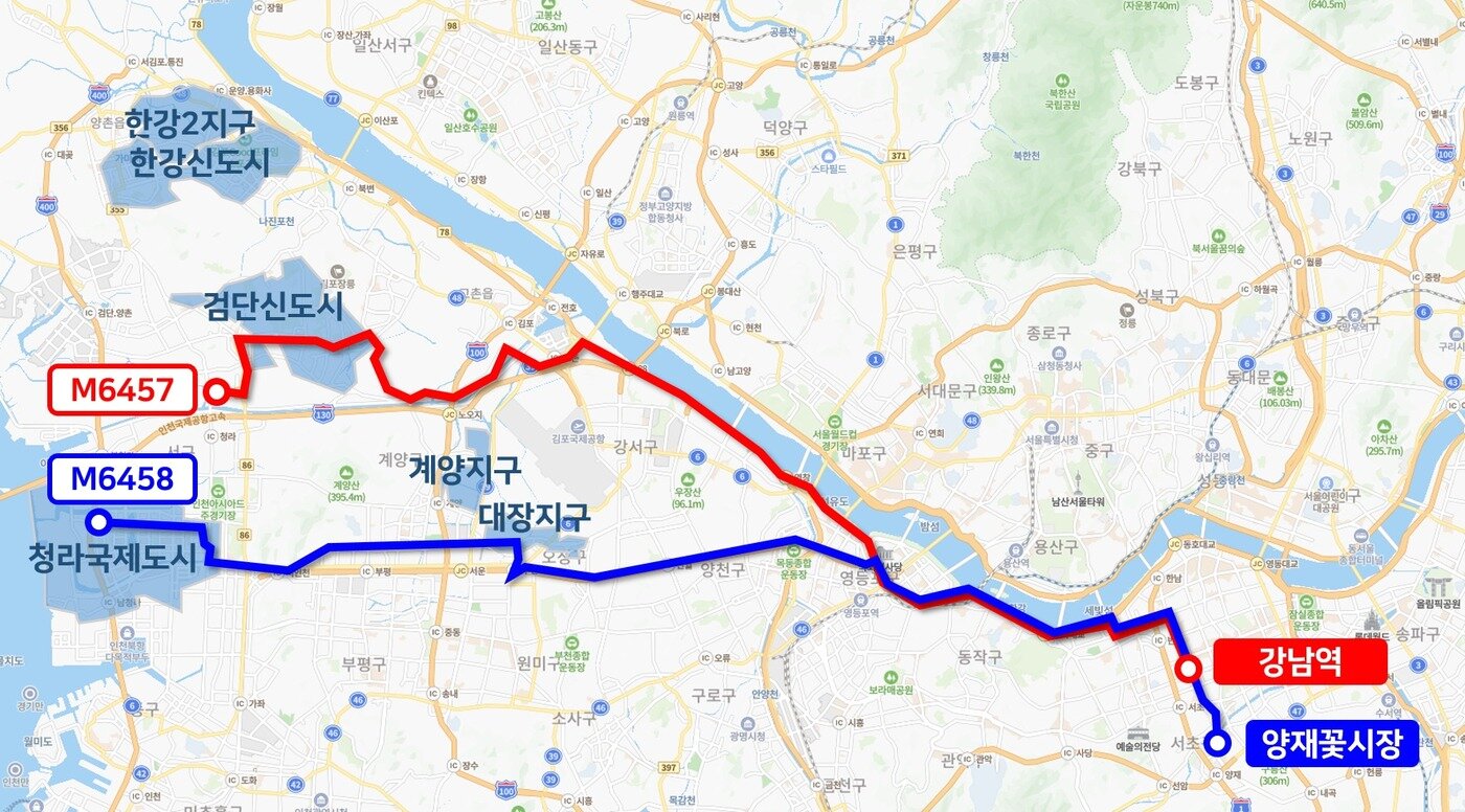 인천 기점 노선도&#40;M6457번, M6458번&#41;.&#40;국토교통부 제공&#41;