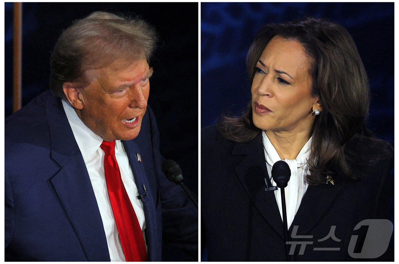 본문 이미지 - 10일(현지시간) 미국 펜실베이니아주(州) 필라델피아의 국립헌법센터에서 공화당 대선 후보자 도널드 트럼프 전 미국 대통령과 민주당 대선 후보자 카멀라 해리스 미국 부통령 간 첫 TV 토론이 진행되고 있다. 2024.09.10 ⓒ 로이터=뉴스1 ⓒ News1 윤주현 기자